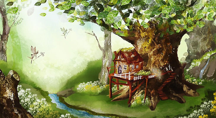 PSD 나무 식물 여행 백그라운드 꽃밭 일러스트 난간 상상 주택 요정 풍경 사람없음 건물 울타리 판타지 계곡 안개 돌_바위 바위 숲 통나무집 나무집 국내일러스트 건축물 꽃 날씨 담장 파일형식