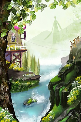 PSD 나무 식물 여행 백그라운드 일러스트 난간 상상 산 주택 요정 풍경 사람없음 물 울타리 판타지 계곡 안개 돌_바위 바위 개울 통나무집 나무집 거인 국내일러스트 자연요소 날씨 건물 담장 강 파일형식