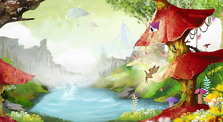 PSD 나무 식물 여행 백그라운드 꽃밭 일러스트 사다리 상상 주택 요정 풍경 사람없음 건물 판타지 계곡 버섯 절벽 폭포 개울 숲 거인 버섯집 국내일러스트 건축물 꽃 자연 강 도구 파일형식