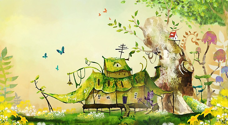 PSD 나무 식물 꽃 여행 나비 백그라운드 꽃밭 일러스트 창문 상상 주택 요정 안테나 풍경 사람없음 건물 판타지 계단 숲 현관문 국내일러스트 건축물 곤충 통신 문 파일형식