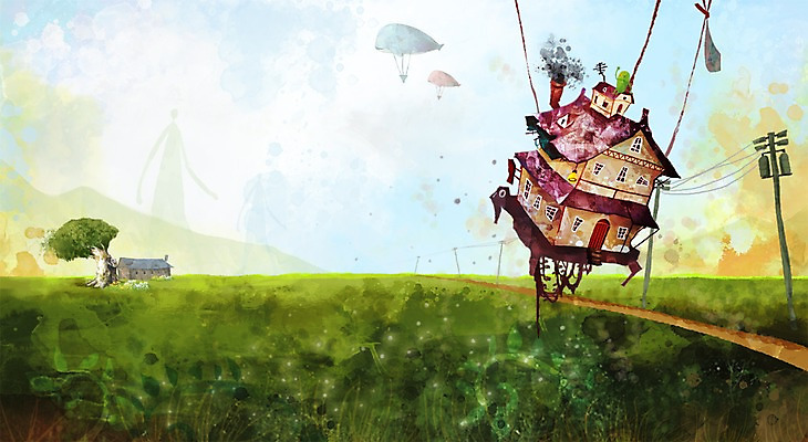 PSD 나무 식물 길 줄 여행 백그라운드 일러스트 창문 상상 산 주택 굴뚝 풍경 초원 사람없음 건물 판타지 전선 현관문 전봇대 낙하산 거인 국내일러스트 건축물 공공시설 문 파일형식