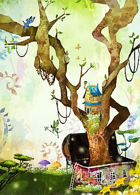 PSD 나무 식물 꽃 여행 나비 백그라운드 꽃밭 일러스트 사다리 창문 상상 주택 요정 굴뚝 풍경 사람없음 건물 판타지 상자 버섯 숲 보물상자 국내일러스트 건축물 곤충 도구 파일형식