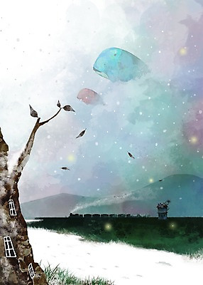 PSD 식물 길 여행 백그라운드 겨울 일러스트 창문 상상 나뭇잎 산 풍경 사람없음 건물 판타지 기찻길 기차 눈 연기 고래 나무집 겨울배경 국내일러스트 자연요소 건축물 계절 육상교통 잎 포유류 날씨 대중교통 주택 수중동물 파일형식