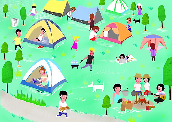 PSD 나무 식물 동물 그릇 여자 남자 반려견 여행 일러스트 휴가 휴식 텐트 사람 잔디 여러명 야외 반려동물 수레 캠핑 쓰레기통 개 강아지 냄비 모닥불 구이 캠핑장 돗자리 국내일러스트 식기 음식 다수 컨셉 포유류 불 레저 캠핑도구 카트 솥 파일형식