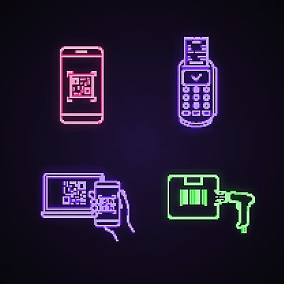 EPS 해외이미지 일러스트 사람없음 스마트폰 상점 스크린 바코드 네온 QR코드 스캐너 해외202008 해외일러스트 핸드폰 스마트기기 파일형식 벡터