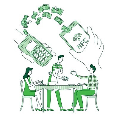 EPS 해외이미지 전신 손 여자 남자 지폐 의자 일러스트 식탁 무선통신 정보기술 서기 들기 앉기 성인 신체부위 세명 초록색 스마트폰 식당 웨이터 스마트 라인아트 와이파이 결제 단말기 편리함 성인만 해외202008 해외일러스트 직업 선 컬러 가구 컨셉 돈 통신 모션 탁자 기술 사람 핸드폰 스마트기기 상점 무선인터넷 파일형식 벡터
