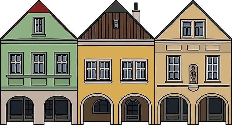 EPS 해외이미지 도로 길 일러스트 거리 주택 굴뚝 건물 빨간색 초록색 노란색 회색 햄버거 흰색 도시 역사 만화 대문 정사각형 광장 타운 법정 옛날 회랑 해외202008 해외일러스트 도형 건축물 컬러 교통시설 패스트푸드 문 복도 파일형식 벡터