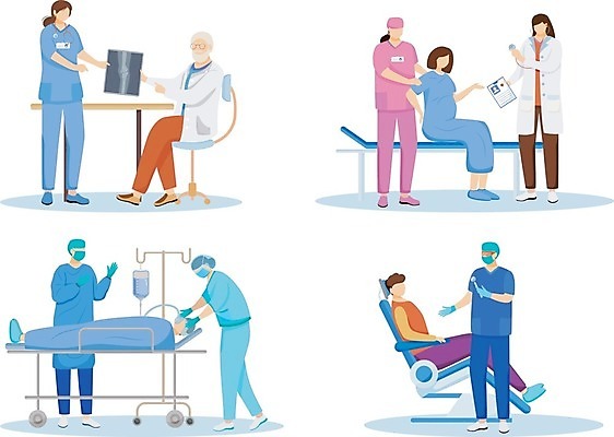 EPS 해외이미지 전신 여자 노년 남자 일러스트 건강 병원 들기 앉기 여러명 성인 치료 약 환자 간호사 의사 돌봄 헬프 해외202008 해외일러스트 다수 의학 모션 사람 의료진 도움 파일형식 벡터
