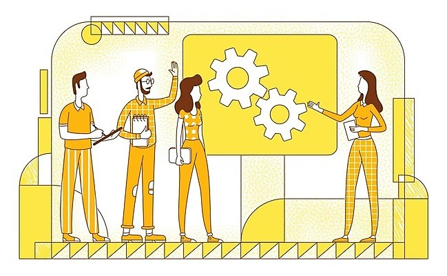 EPS 해외이미지 전신 여자 남자 일러스트 들기 여러명 성인 사무실 노란색 손들기 다이어리 기록 보고 프레젠테이션 라인아트 톱니바퀴 프로젝트 성인만 해외202008 해외일러스트 선 컬러 다수 비즈니스 모션 사람 사무용품 발표 파일형식 벡터