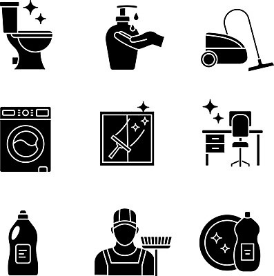 EPS 해외이미지 가사 일러스트 창문 탁자 사람없음 세트 검은색 빨래 설거지 청소 세제 변기 청소기 세탁기 소독 위생관리 해외202008 해외일러스트 컬러 가구 관리 전자제품 가전제품 청소도구 파일형식 벡터