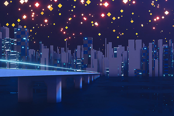 EPS 해외이미지 실루엣 일러스트 사람없음 건물 파란색 빛 반짝임 강 반사 보라색 고층빌딩 도시 네온 그라데이션 스카이라인 해외일러스트 건축물 컬러 모션 촬영기법 빌딩 파일형식 벡터