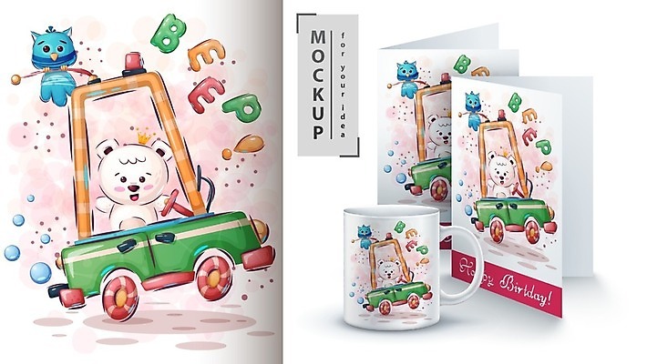 EPS 해외이미지 캐릭터 일러스트 곰 자동차 조류 사람없음 공책 머그컵 승차 부엉이 목업 벡터 해외202008 해외일러스트 일러캐릭터 동물 육상교통 포유류 모션 문구용품 컵 파일형식