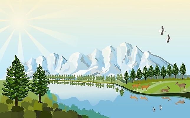 EPS 해외이미지 나무 식물 구름 계절 공원 꽃 호수 여행 백그라운드 밭 일러스트 자연 조류 하늘 아침 사슴 산 풍경 초원 야외 초록색 물 여름 파란색 강 반사 환경 정원 계곡 맑음 봄 시골 숲 언덕 그림 장면 해외202008 해외일러스트 주간 자연요소 동물 공공시설 컬러 농업 포유류 날씨 생태계 파일형식 벡터