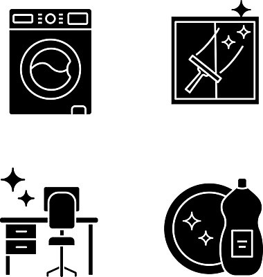 EPS 해외이미지 접시 가사 일러스트 창문 탁자 주택 사람없음 세트 검은색 빨래 설거지 청소 세제 책상 닦기 세탁기 해외202008 해외일러스트 식기 컬러 가구 모션 건물 가전제품 파일형식 벡터