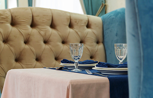 포토 JPG 해외이미지 식기 접시 음식 포크 와인잔 유리 탁자 서브 이벤트 사람없음 내부 장식 파란색 세트 소파 파티 식당 숟가락 식사 저녁식사 방 식탁보 흰색 기구 축하 직물 칼 고급 우아함 은색 배열 서비스 냅킨 안락의자 서빙 설정 점심식사 접수 정중 해외202008 해외포토 컬러 가구 컨셉 술잔 의자 재질 수저 상점 파일형식