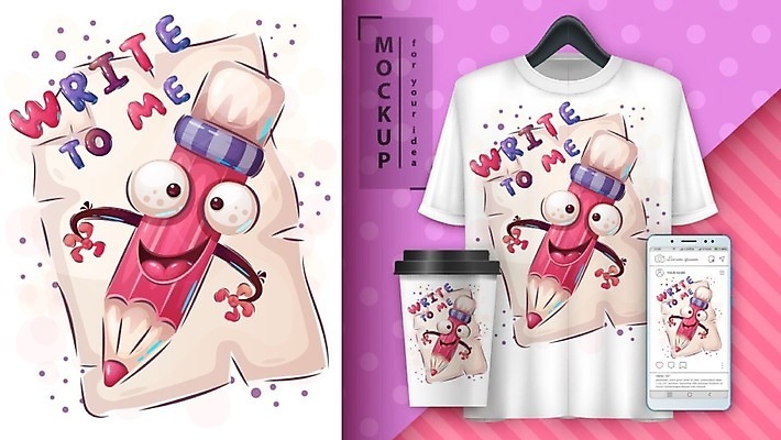 EPS 해외이미지 캐릭터 종이 티셔츠 일러스트 사람없음 스터디 연필 테이크아웃컵 목업 벡터 해외202008 해외일러스트 일러캐릭터 셔츠 학용품 컵 학습 필기구 파일형식