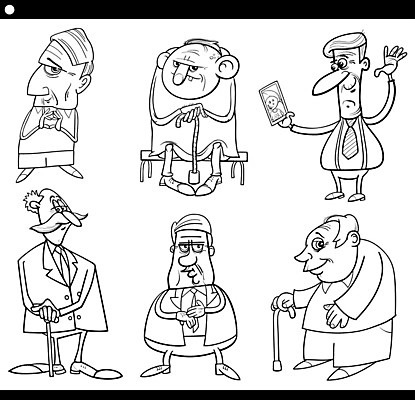 EPS 해외이미지 클립아트 캐릭터 디자인 할아버지 노년 남자 행복 일러스트 지팡이 흑백 미소 사람 앉기 그래픽 책 세트 그룹 만화 수집 콧수염 그림 페이지 대머리 색칠공부 옛날 해외202008 해외일러스트 일러캐릭터 헤어스타일 감정 모션 수염 촬영기법 표정 성인 학습 색칠 파일형식 벡터