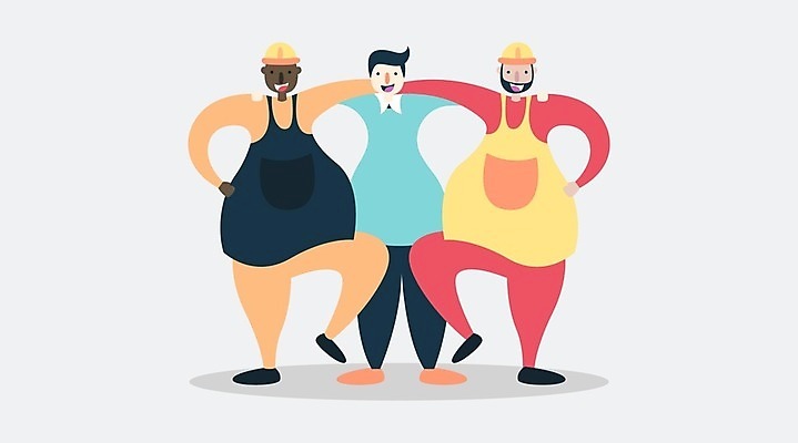 EPS 해외이미지 전신 남자 허리손 일러스트 어깨동무 노동자 작업복 성인 세명 안전모 근로자의날 다리들기 성인남자만 해외202008 해외일러스트 직업 옷 기념일 포즈 모션 사람 헬멧 안전장비 남자만 성인만 파일형식 벡터