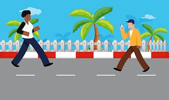 EPS 해외이미지 전신 나무 여자 남자 도로 일러스트 성인 두명 달리기 걷기 성인만 해외202008 해외일러스트 식물 길 교통시설 모션 사람 파일형식 벡터