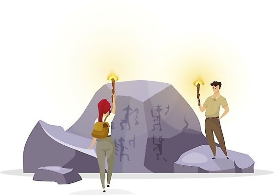 EPS 해외이미지 백인 캐릭터 디자인 커플 여자 남자 문화 벽 여행 백그라운드 컨셉 일러스트 표면 산 서기 사람 그래픽 빛 여행객 탐험 흰색 관찰 기록 손전등 역사 동굴 플랫 만화 그림 심플 선사시대 발견 고고학 고립 옛날 해외202008 해외일러스트 일러캐릭터 서양인 교육 컬러 관계 모션 조명 파일형식 벡터 외국인 인종