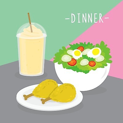 EPS 해외이미지 그릇 접시 일러스트 방울토마토 오이 빨대 사람없음 저녁식사 치킨 샐러드 삶은계란 쉐이크 닭다리튀김 해외202008 해외일러스트 식기 음료 음식 토마토 채소 계란 식사 튀김 계란요리 닭고기요리 파일형식 벡터