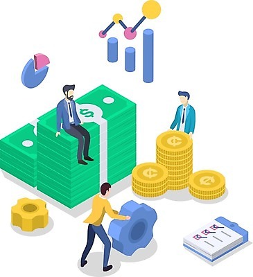 EPS 해외이미지 무료이미지 디자인 남자 컨셉 지폐 돈 일러스트 비즈니스 그래프 성인 세명 금융 동전 톱니바퀴 성인남자만 해외202008 해외일러스트 사람 경제 재산 남자만 성인만 파일형식 벡터 무료콘텐츠