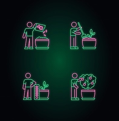 EPS 해외이미지 식물 디자인 일러스트 씨앗 사람없음 초록색 흙 원예 네온 모종 묘목 해외202008 해외일러스트 나무 컬러 취미 파일형식 벡터