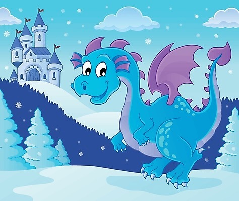 EPS 해외이미지 나무 구름 무료이미지 겨울 일러스트 동화 사람없음 파란색 용 성 숲 드래곤 눈내림 해외202008 해외일러스트 자연요소 식물 건축물 계절 컬러 눈 파일형식 벡터 무료콘텐츠