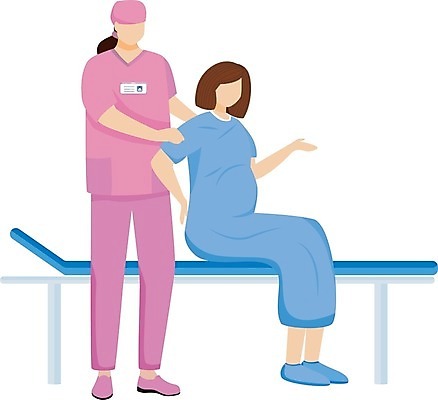 EPS 해외이미지 전신 여자 일러스트 앉기 성인 두명 임산부 잡기 출산 수술복 성인여자만 해외202008 해외일러스트 모션 사람 임신 가운 여자만 성인만 파일형식 벡터