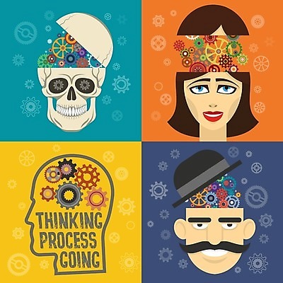 EPS 해외이미지 디자인 교육 실루엣 얼굴 과학 컨셉 생각 일러스트 상상 아이디어 창조 사람 그래픽 머리 기계 마음 플랫 심볼 뇌 톱니바퀴 시스템 기어 공학 발명 지능 해외202008 해외일러스트 촬영기법 신체부위 파일형식 벡터