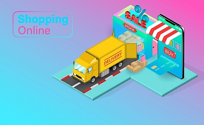 EPS 해외이미지 도로 일러스트 모바일 사람없음 스마트폰 상점 트럭 서비스 온라인쇼핑 짐차 모바일쇼핑 물류 해외202008 해외일러스트 길 교통시설 자동차 핸드폰 스마트기기 쇼핑 온라인 파일형식 벡터