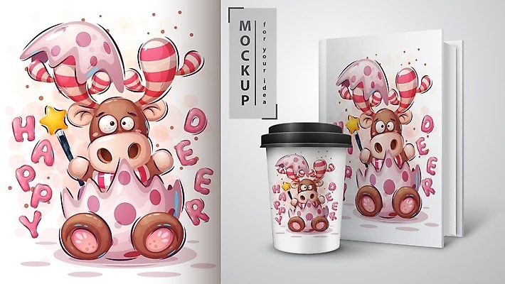 EPS 해외이미지 캐릭터 티셔츠 일러스트 사슴 사람없음 책 알껍데기 테이크아웃컵 목업 벡터 해외202008 해외일러스트 일러캐릭터 셔츠 포유류 컵 파일형식