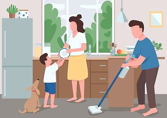 EPS 해외이미지 전신 그릇 여자 남자 아들 어린이 일러스트 엄마 들기 소년 성인 세명 주방 아빠 청소 도우미 위생관리 헬프 해외202008 해외일러스트 식기 가족 모션 관리 사람 도움 파일형식 벡터