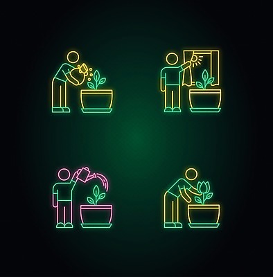 EPS 해외이미지 식물 일러스트 사람없음 초록색 햇빛 물주기 원예 네온 해외202008 해외일러스트 컬러 모션 취미 태양 파일형식 벡터