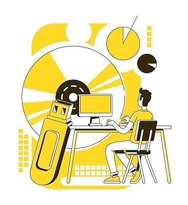 EPS 해외이미지 남자 의자 일러스트 그래프 한명 앉기 성인 노란색 디지털 모니터 자료 CD 타이핑 키보드 USB 스마트 책상 저장 성인남자한명만 해외일러스트 1 컬러 가구 컨셉 모션 사람 컴퓨터 남자한명만 성인남자만 파일형식 벡터