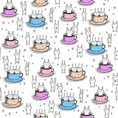 EPS 해외이미지 무료이미지 커피 백그라운드 패턴 일러스트 사람없음 컵 토끼 해외202008 해외일러스트 식기 음료 무늬 포유류 반려동물 파일형식 벡터