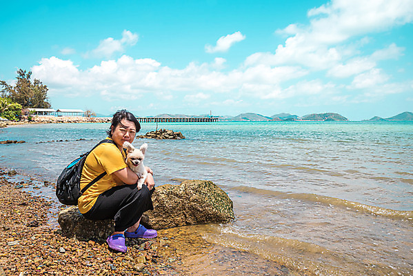 포토 JPG 해외이미지 전신 한마리 여자 바다 여행 안기 한명 앉기 성인 해변 야외 옆모습 반려동물 개 성인여자한명만 해외202008 해외포토 동물 1 뷰포인트 포유류 모션 사람 여자한명만 성인여자만 파일형식