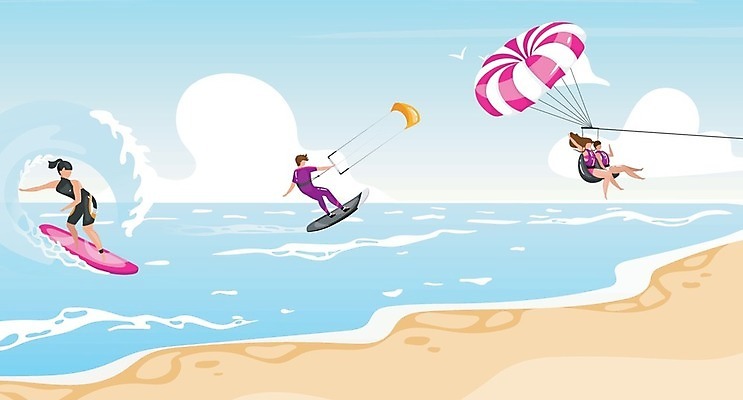 EPS 해외이미지 구름 여자 남자 일러스트 물놀이 하늘 휴식 여러명 성인 해변 서핑 낙하산 카이트서핑 성인만 해외202008 해외일러스트 자연요소 바다 다수 컨셉 놀이 사람 수상스포츠 파일형식 벡터