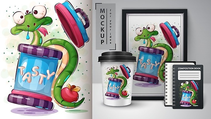 EPS 해외이미지 캐릭터 액자 일러스트 사람없음 책 공책 뱀 사과 스프링노트 테이크아웃컵 목업 벡터 해외202008 해외일러스트 일러캐릭터 과일 파충류 문구용품 컵 파일형식