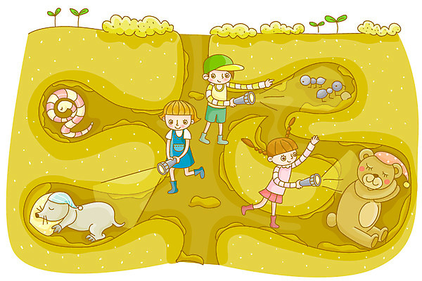 EPS 학생 여자 어린이교육 교육 남자 어린이 일러스트 곰 단면 사람 소녀 소년 세명 새싹 굴 손전등 잠 체험학습 뱀 수면 동굴 땅 개미 지하 두더지 땅굴 땅굴탐험 땅속 어린이만 국내일러스트 식물 동물 곤충 포유류 파충류 어패류 조명 물 체험 파일형식 벡터