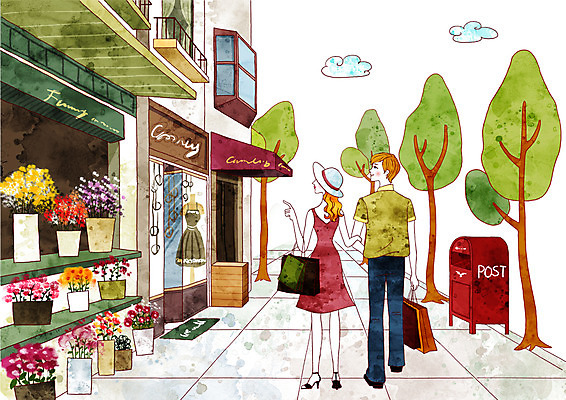 주간 PSD 나무 식물 구름 모자 커플 원피스 여자 남자 꽃 길 데이트 일러스트 거리 사랑 서기 사람 야외 두명 건물 쇼핑 쇼핑백 상점 우체통 꽃집 국내일러스트 자연요소 건축물 잡화 옷 감정 가방 관계 모션 파일형식