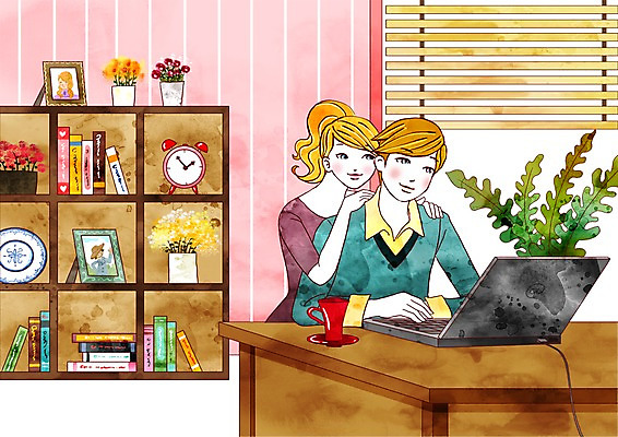 PSD 커플 여자 남자 꽃 화분 벽 액자 데이트 일러스트 창문 책장 실내 사랑 사람 앉기 상반신 두명 책 컵 노트북 컴퓨터 꽃병 자명종 블라인드 커피잔 찻잔 컵받침 책상 국내일러스트 식물 식기 감정 커피 시계 가구 관계 모션 잔 내부 전자제품 알람 커튼 받침대 파일형식