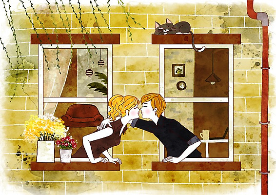 PSD 나무 식물 동물 커플 여자 남자 꽃 화분 벽 액자 데이트 일러스트 창문 난간 전등 조명 키스 사랑 사람 상반신 두명 컵 소파 꽃병 고양이 머그컵 커튼 파이프 관 국내일러스트 식기 감정 의자 포유류 관계 반려동물 애정표현 파일형식