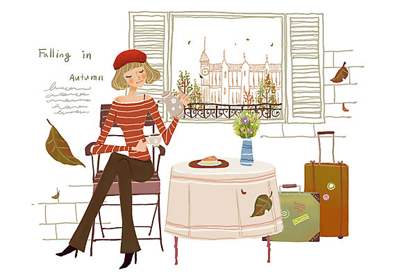 접시 계절 여자 여행 낙엽 의자 일러스트 탁자 휴식 사람 케이크 가을 가을여행 여자만 국내일러스트 식기 가구 컨셉 잎 디저트 가을_계절
