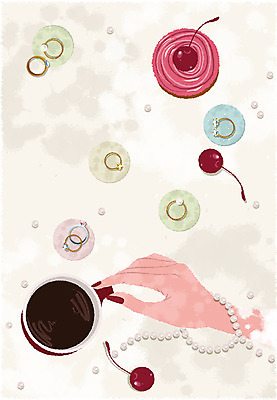 손 잡화 패션 커피 백그라운드 일러스트 장신구 팔찌 신체부위 쇼핑 과자 케이크 커피잔 진주 진주목걸이 마카롱 쇼핑소품 국내일러스트 음료 목걸이 디저트 잔 사람 보석 오브젝트 진주_보석