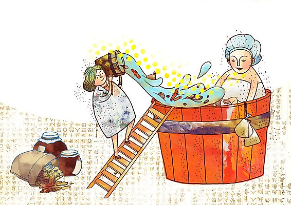 PSD 여자 일러스트 사다리 의학 사람 두명 치료 목욕 한의학 환자 약재 한약재 항아리 약초 한약 한의사 반신욕 여자만 국내일러스트 약 청결 의사 도구 도자기 풀_식물 파일형식