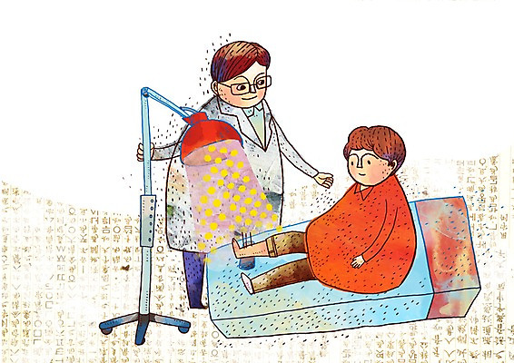 PSD 남자 일러스트 의학 의료기기 병원 사람 두명 치료 진료 한의학 환자 의사 한약 한의원 한의사 발목 물리치료 의료기계 찜질 남자만 국내일러스트 발 약 의료진 파일형식