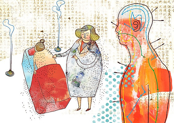 PSD 여자 일러스트 의학 실내 병원 사람 두명 치료 진료 한의학 의사 한의원 한의사 침술 뜸 여자만 국내일러스트 내부 의료진 파일형식