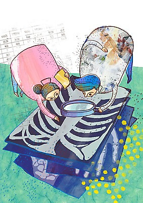 PSD 여자 남자 일러스트 의학 돋보기 엑스레이 실내 병원 사람 두명 치료 진료 간호사 의사 검사_조사 서류판 국내일러스트 내부 사무용품 의료진 파일형식