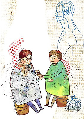 PSD 남자 의자 일러스트 의학 병원 사람 두명 치료 진료 한의학 환자 의사 맥박 검사_조사 한의원 한의사 진맥 남자만 국내일러스트 가구 의료진 파일형식